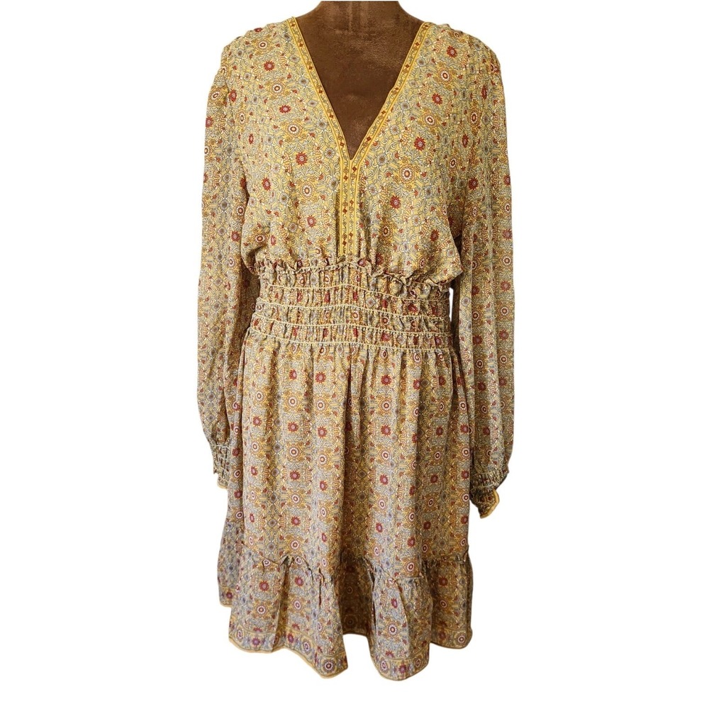 Max Studio Boho Dress Size XL Yellow Orange Floral Print Lightweight A-line